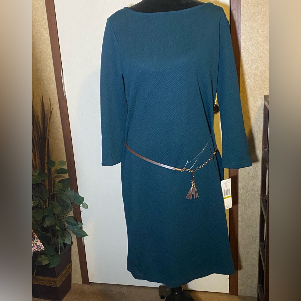 NWT Beautiful periwinkle blue dress with brown tasseled belt with attached hoops - Picture 3 of 12